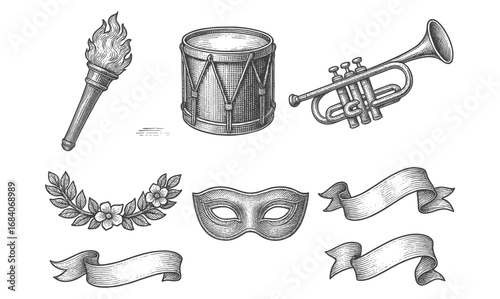 Vintage musical and carnival elements in engraved style