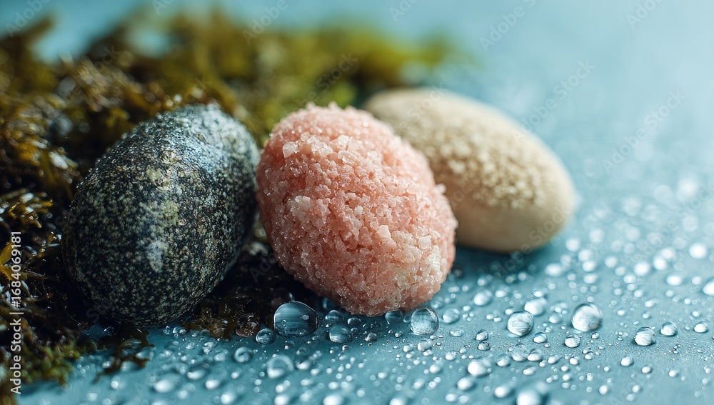 Obraz premium Three smooth, oval-shaped objects, pale pink, light beige, and dark grey/black, sit amidst wet, textured seaweed. Delicate water droplets coat a light teal surface