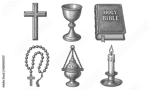 Intricate religious symbols and artifacts in vintage etching style