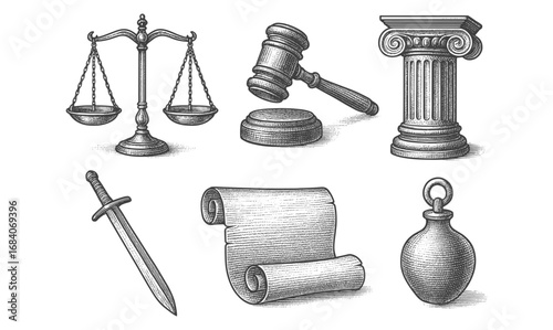 Vintage engraving of legal symbols and ancient artifacts