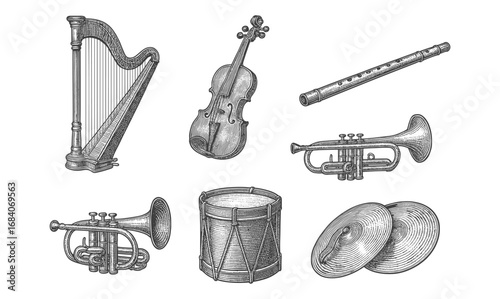 Vintage musical instruments collection in detailed sketch art style