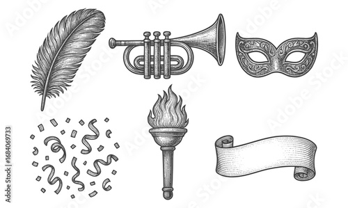 Vintage carnival elements: feather, trumpet, mask, confetti, torch, banner