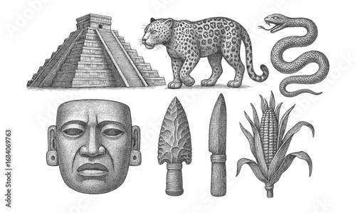 Intricate ancient mayan symbols and artifacts in detailed engraving style