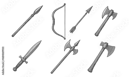 Medieval weapons collection: sketched sword, axe, spear, bow, and arrow designs