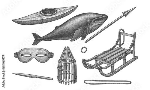 Hand drawn arctic exploration gear with whale and kayak