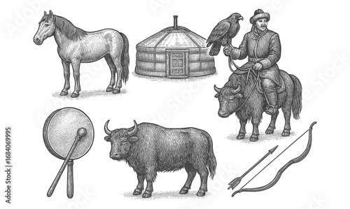 Traditional nomadic culture with yurt, horse, and eagle hunter in vintage style