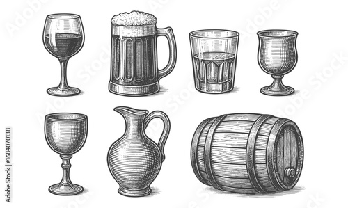 Retro drinkware and barrel collection: engraved style for bars and breweries