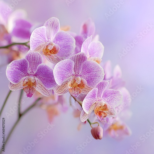 Close-up of delicate, light-pink orchids with hints of peach, softly blurred background