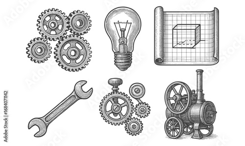 Vintage industrial elements with gears, blueprint, lightbulb, wrench, and steam engine