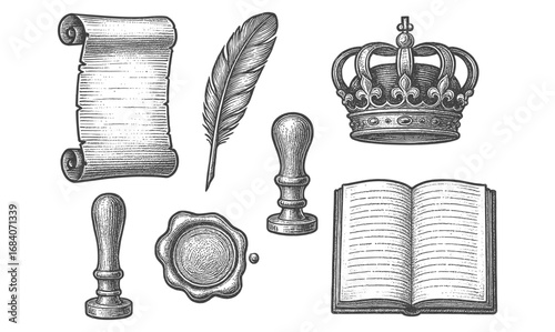 Vintage royal stationery set with crown and quill in engraving style