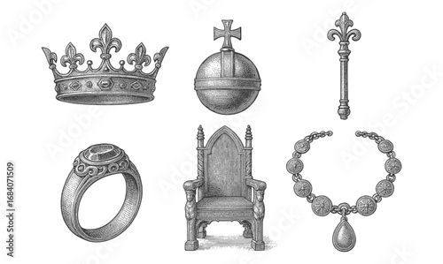 Vintage monarchy symbols: crown, scepter, and throne illustrations