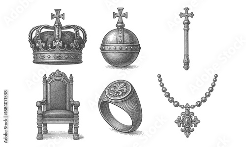 Detailed vintage royal regalia with crown and jewelry in black and white