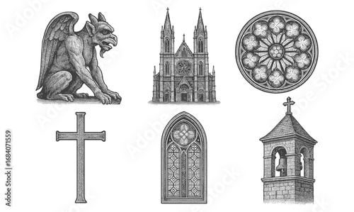 Gothic architecture elements featuring gargoyle, cathedral, and rose window