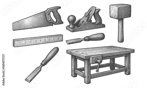 Vintage woodworking tools set with saw, plane, and mallet in engraved style