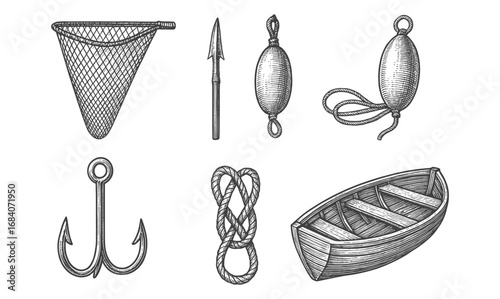 Vintage fishing gear collection featuring boat, net, hook, and more