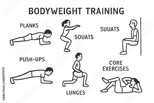 Bodyweight Exercise Doodles. Bodyweight training: hand drawn doodles of planks, squats, lunges, wall sits, push-ups, and core