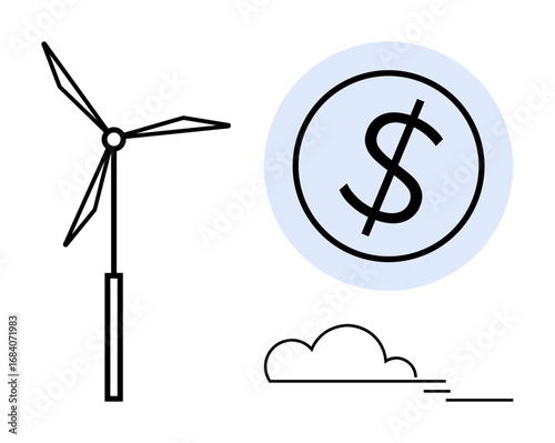 Wind turbine alongside a dollar sign, representing renewable energy savings, clean power, and sustainability. Ideal for economics, business, eco-finance, green technology, sustainability alternative