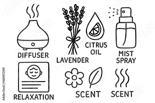 Aromatherapy Doodle Tools. Aromatherapy tools: hand drawn doodles of diffuser, lavender bundle, citrus oil drop, mist spray,