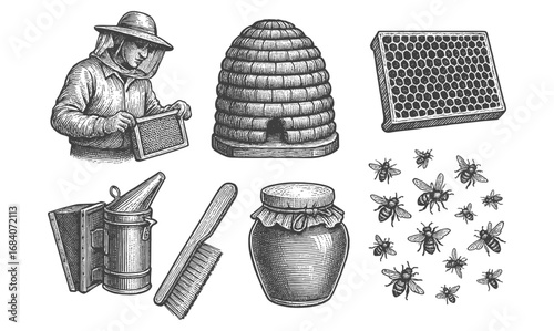 Vintage beekeeping set with honeycomb, beehive, and bees in detailed engraving style