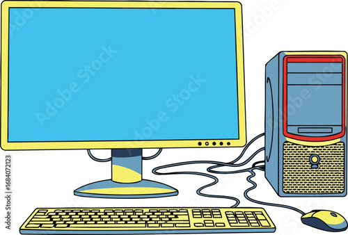 classic desktop computer setup blue monitor, yellow keyboard, and mouse