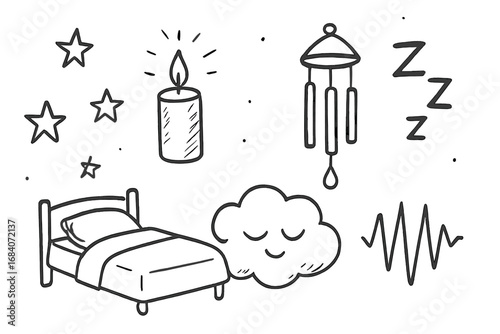 Peaceful Night Doodles. Peaceful night: hand drawn doodles of stars, candle glow, wind chime, comfy bed, good dream cloud, and
