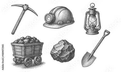 Vintage mining tools and equipment: helmet, pickaxe, lantern, cart, shovel, and coal