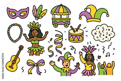 Carnival Doodle Icons. Carnival doodle icon set: hand drawn icons of colorful mask, feathers, float parade, jester hat, samba