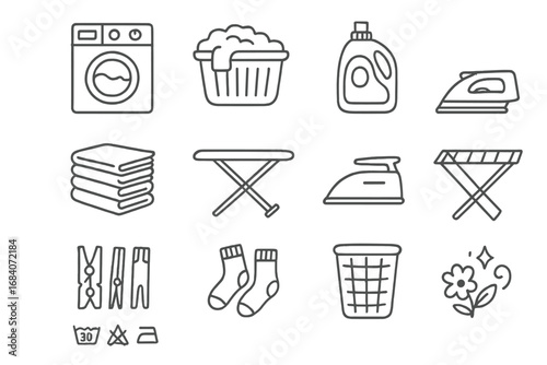 Laundry Icon Doodle Set. Laundry day doodle icon set: hand drawn icons of washing machine, laundry basket, detergent bottle,