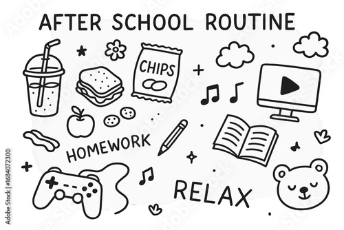 After-School Doodle Set. After school routine doodle set: hand drawn icons for snacks, homework, and relaxing activities, isolated