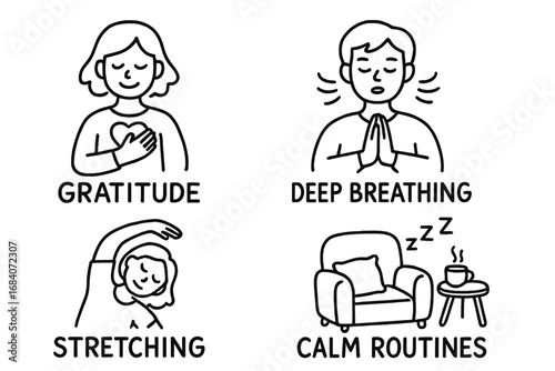 Mindful Habits Doodle. Mindful habits doodle set: hand drawn icons for gratitude, deep breathing, stretching, and calm routines,