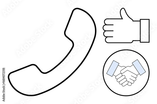 Phone receiver, handshake in circle, and thumbs-up icon representing communication, teamwork, support, networking, customer service, partnership and relationship building. Ideal for a simple landing