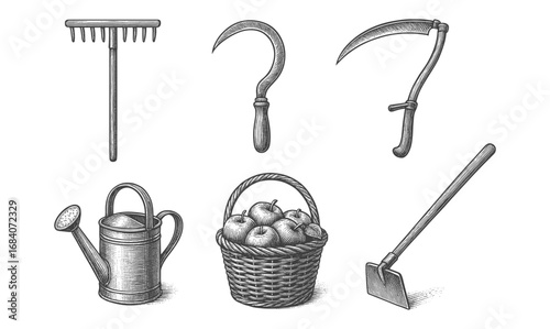 Elegant vintage garden tools and harvest basket with apples