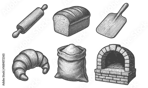 Hand drawn baking tools and ingredients: rolling pin, bread, oven, and more