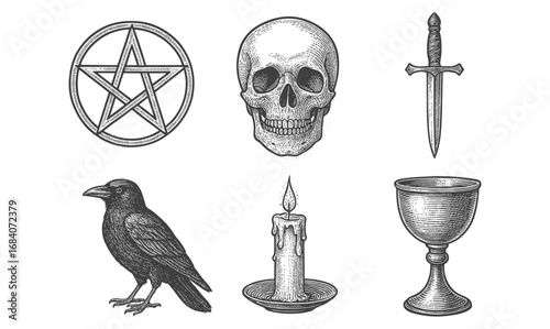 Vintage occult symbols: skull, pentacle, candle, crow, dagger, chalice