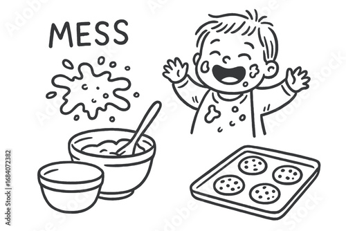 Baking with Toddlers Fun. Baking with toddlers doodle set: hand drawn icons for mess, laughter, mixing bowls, and cookies,