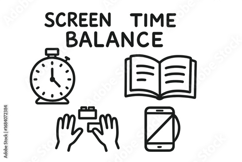 Screen Time Doodles. Screen time balance doodle set: hand drawn icons for timers, books, hands-on play, and device breaks,
