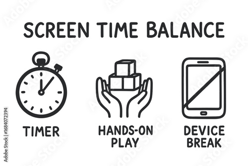 Screen Time Doodles. Screen time balance doodle set: hand drawn icons for timers, books, hands-on play, and device breaks,