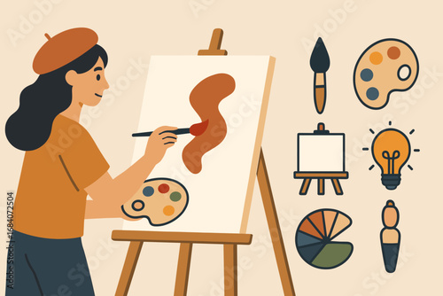Creative Artist Tools. Horizontal vector banner featuring female artist painting and comprehensive creative tools icon set for