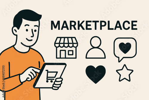 Digital Shopping Experience. Horizontal vector banner featuring man shopping from tablet and comprehensive marketplace icon set