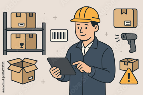 Warehouse Inventory Management. Horizontal vector banner featuring warehouse manager with tablet and comprehensive inventory icon