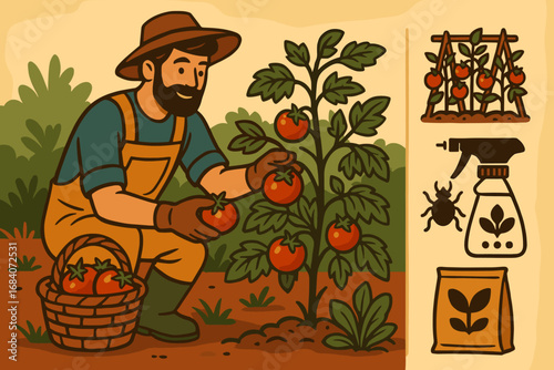 Tomato Harvest Banner. Stylized banner showcasing man harvesting tomatoes and vegetable gardening icon set for baskets, supports,