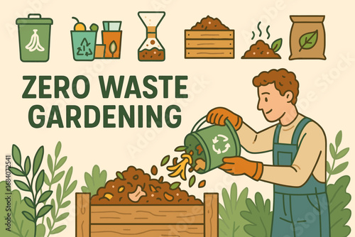 Zero Waste Composting. Detailed horizontal banner with man composting waste and zero waste gardening icon set for bins, sorting,