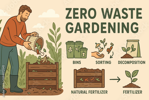 Zero Waste Composting. Detailed horizontal banner with man composting waste and zero waste gardening icon set for bins, sorting,