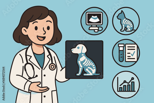 Vet Diagnostics Cartoon. Cartoon-style horizontal banner featuring vet with animal X-ray and diagnostic icon set for ultrasound,