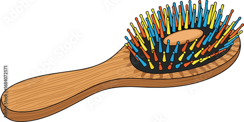 colorful paddle hairbrush wooden handle and multicolored bristles