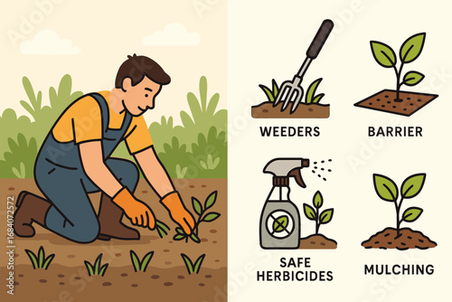 Weed Management Tools. Creative vector strip with man pulling weeds and weed control icon set for weeders, barriers, safe