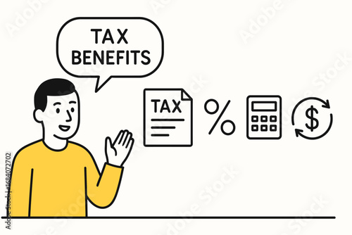 Tax Benefits Explained. Minimalist vector strip with man explaining tax benefits and taxation icon set for forms, percentage,