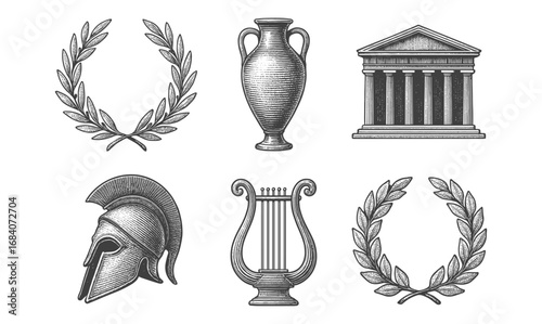 Collection of ancient greek symbols and artifacts in vintage engraving style