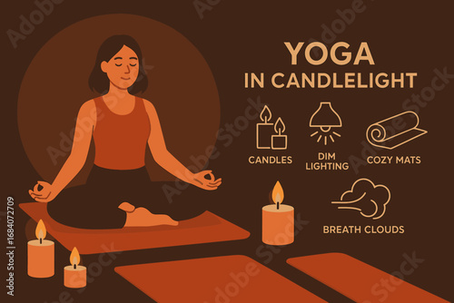 Candlelit Yoga Serenity. Vector banner featuring yoga session in candlelight and relaxation icon set for candles, dim lighting,