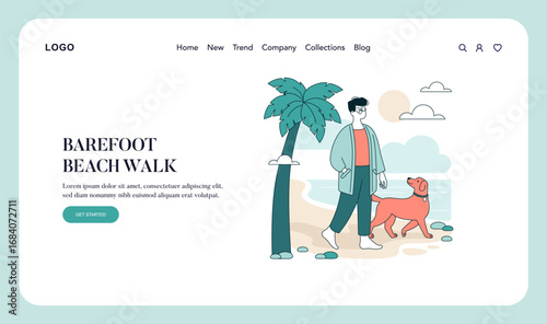 Vector Illustration of Man and Dog Strolling on Beach